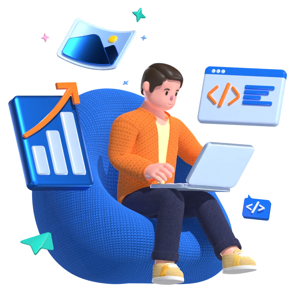 a 3d character doing coding stuff